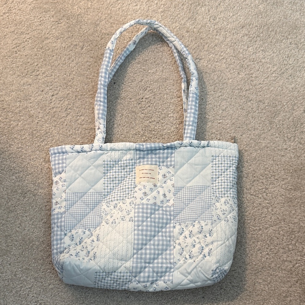 Chic Patchwork Tote Bag - Blue and White